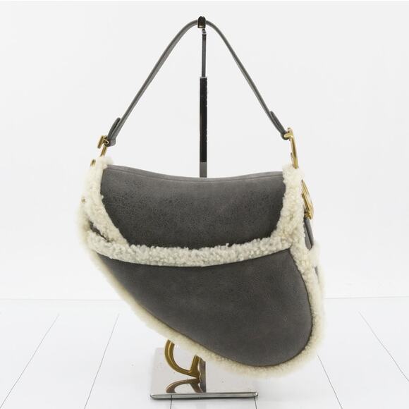 Christian Dior Shearling Saddle Bag Gray Shoulder Purse Suede/Gold CD Rare Auth - Picture 4 of 16